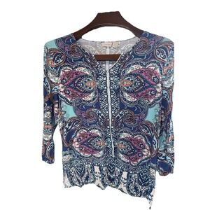 Chicos  Large Women's Tee ‎ Blouse Blue 3/4 Sleeve Paisley Tunic Teal Slits